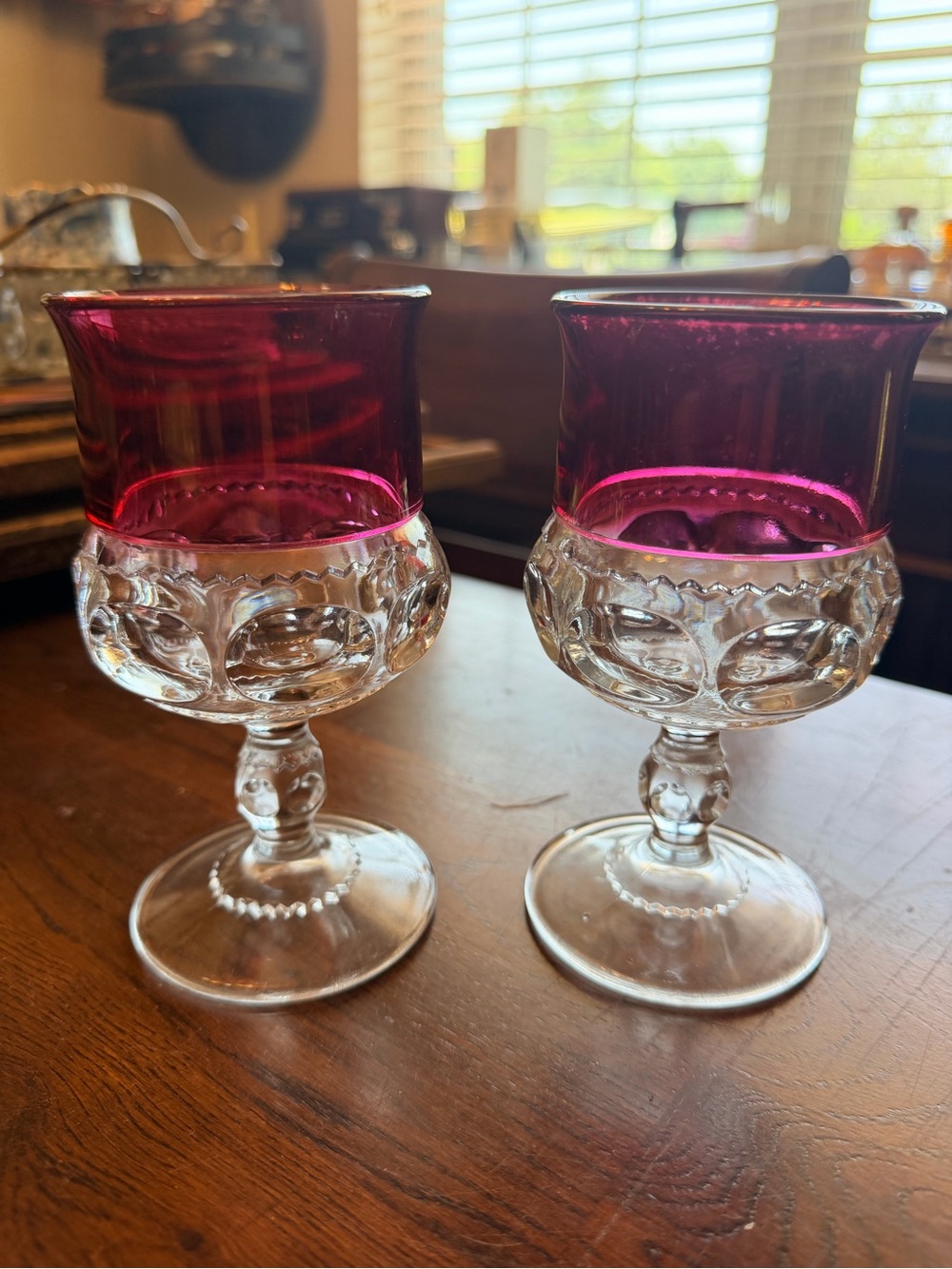 Pair of Vintage Tiffin King's Crown Ruby Thumbprint Goblets Wine Glasses Pink